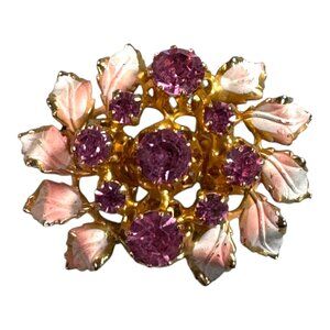 Vintage Pink Crystal Rhinestone Painted Pin Leaves Made Austria Gold Tone Brooch